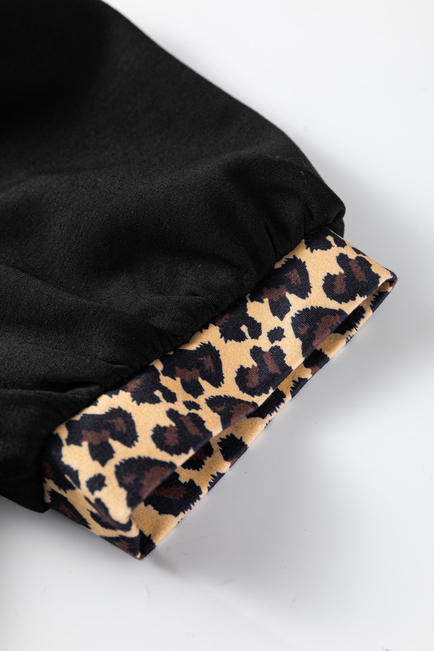 Black Leopard Patchwork Zip Collared Puff Sleeve Shift Mini Dress