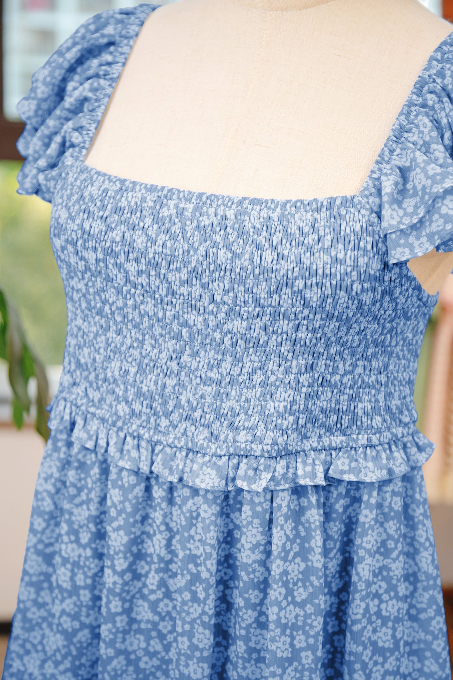 Blue Floral Smocked Square Neck Ruffle Sleeve Tiered Babydoll Mini Dress