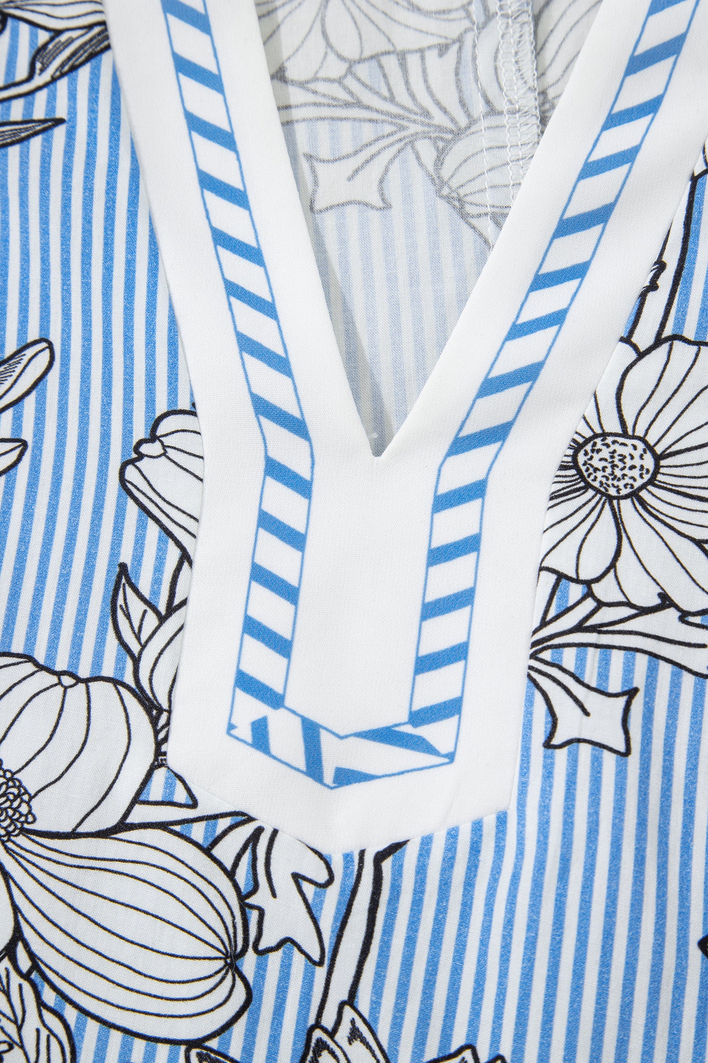 Blue Striped Floral V-Neck Short Sleeve Blouse for Women