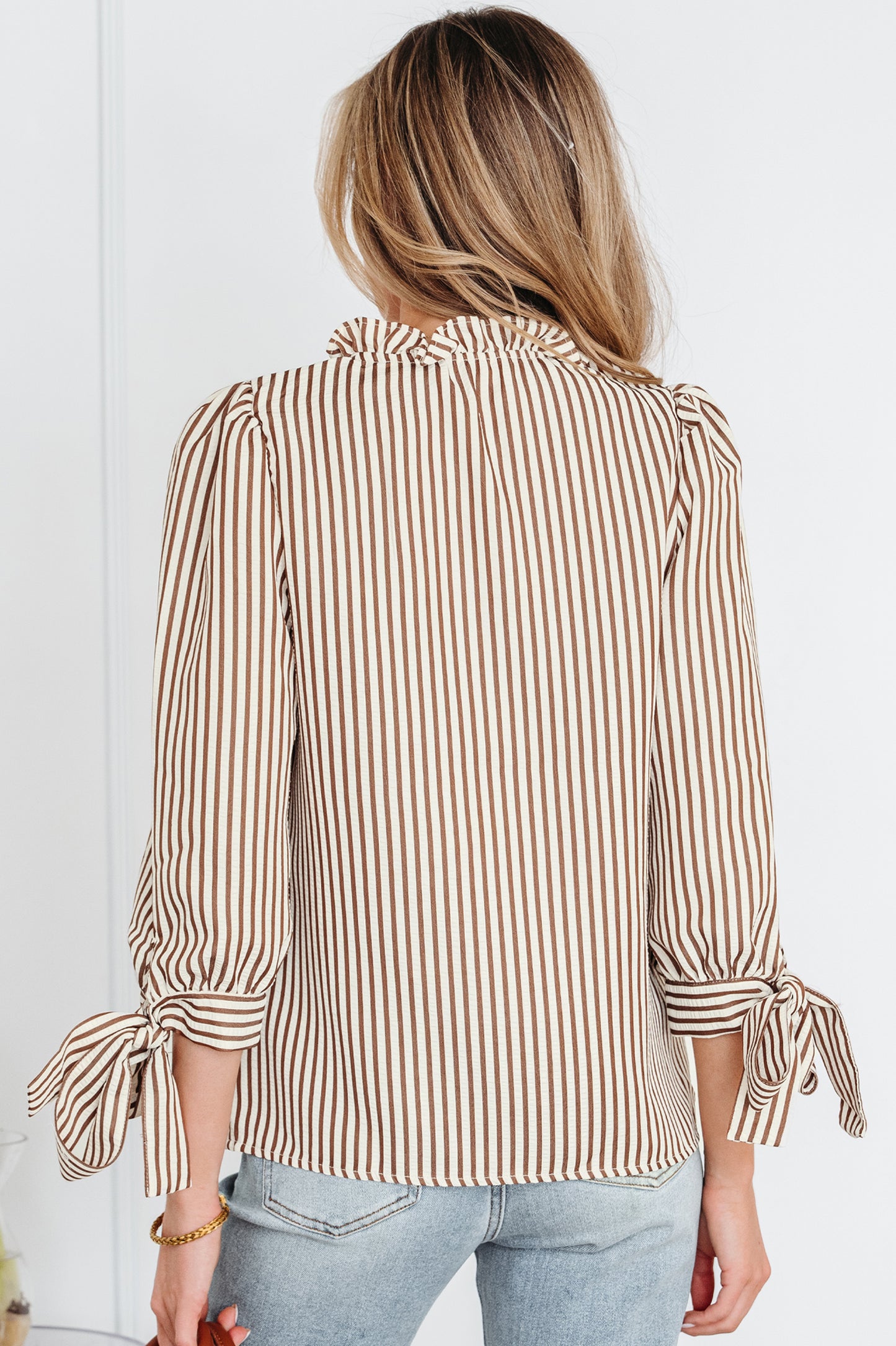 Striped Split Neck Blouse with Tied Cuffs