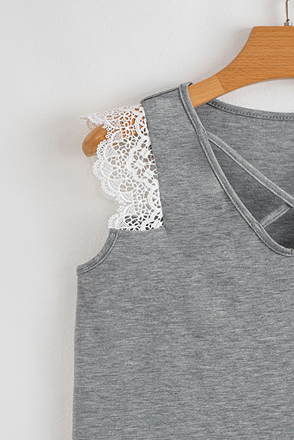 Gray Lace Patchwork Criss Cross V Neck Tank Top