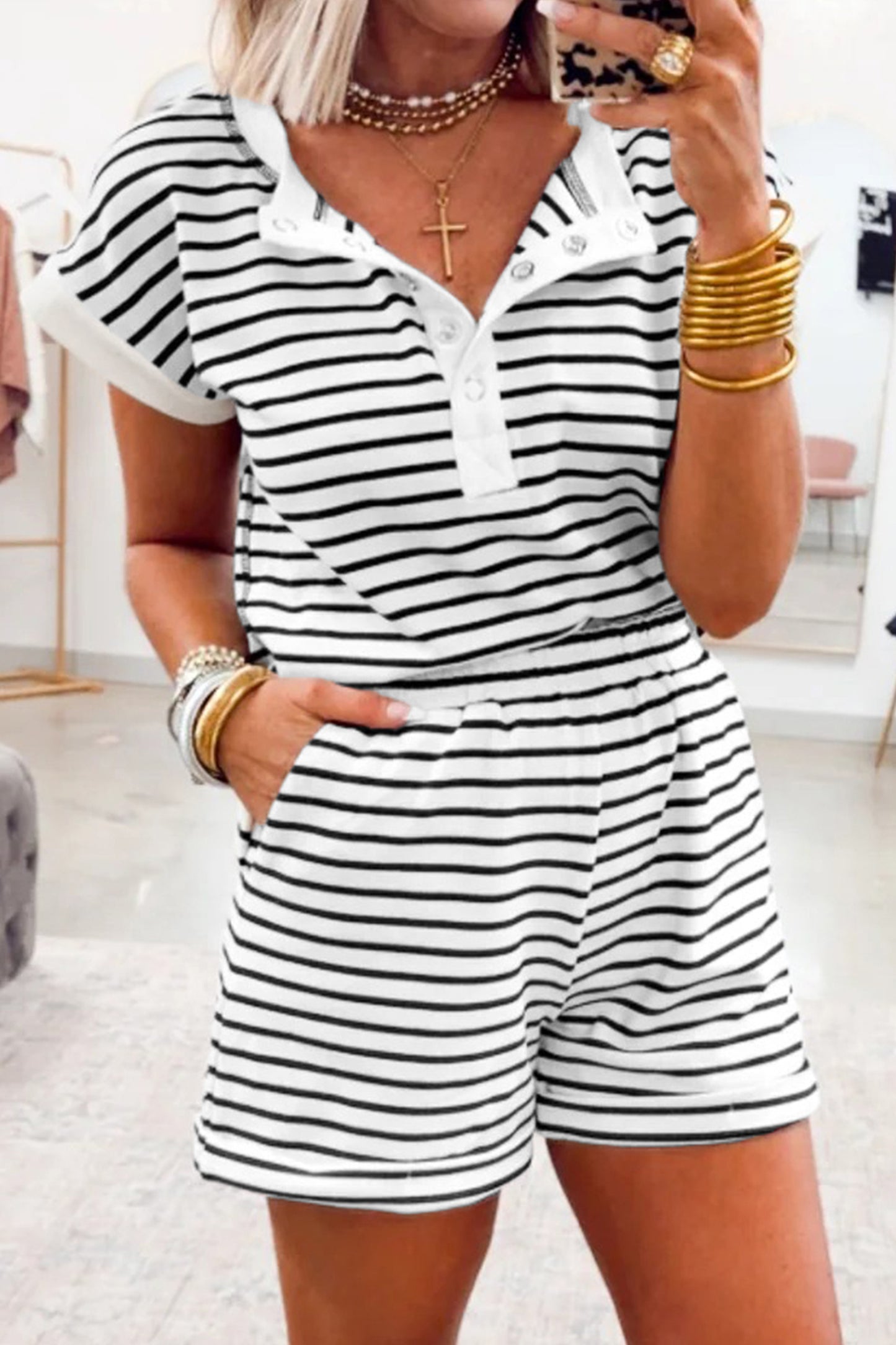 Striped Henley Snap Button Short Sleeve Top & Pocket Shorts Set