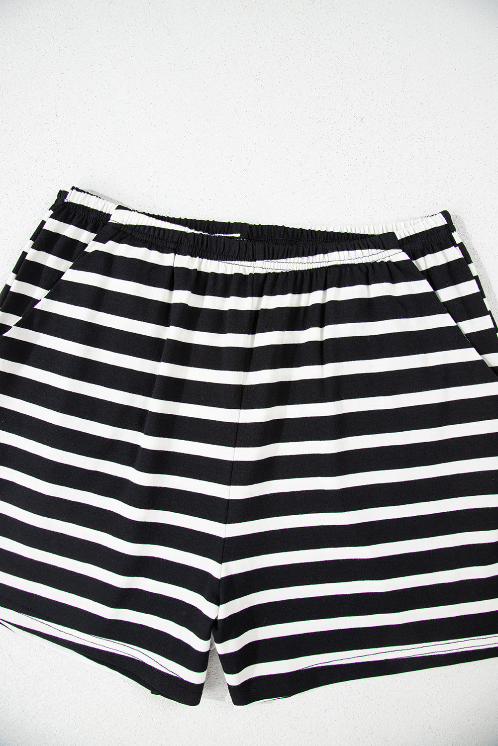 The Effortless Stripe Lounge Set – Black & White Short Sleeve Top and Above-the-Knee Shorts with Elastic Waistband