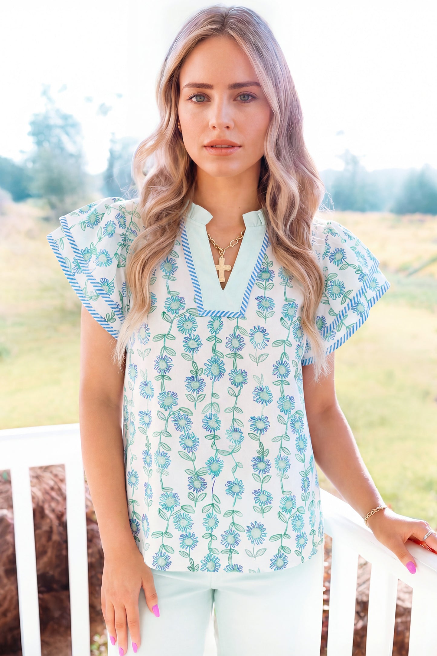Light Blue Floral Flutter Sleeve Blouse – Lightweight V-Neck Summer Top
