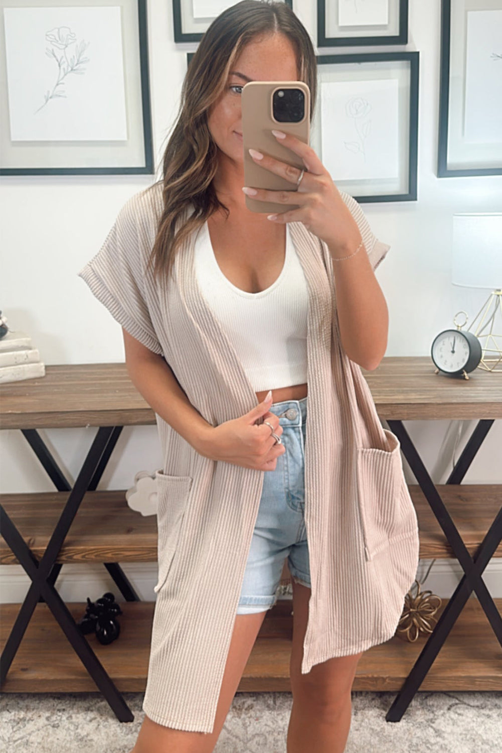 Parchment Ribbed Short Sleeve Open Front Cardigan Top with Pockets