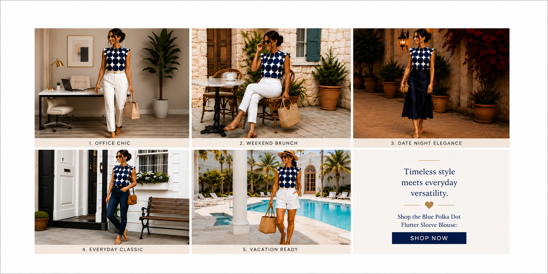 5 Elegant Ways to Style the Blue Polka Dot Flutter Sleeve Blouse