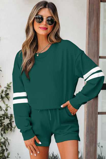 Varsity Striped Sleeve Drop Shoulder Sweatshirt & Short Set