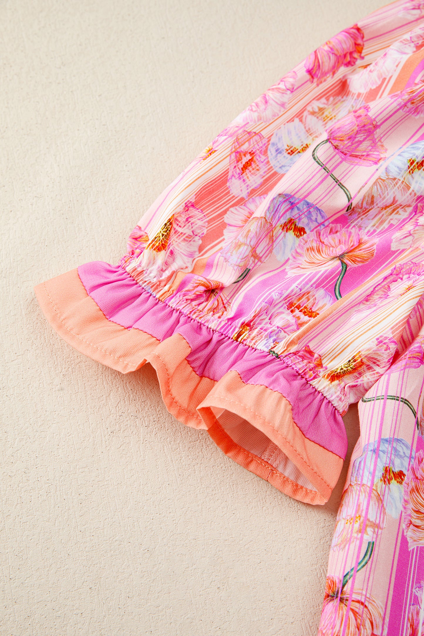 Floral Striped Contrast Trim Puff Sleeve Blouse – Feminine Everyday Top