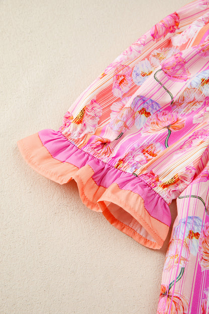 Floral Striped Contrast Trim Puff Sleeve Blouse – Feminine Everyday Top