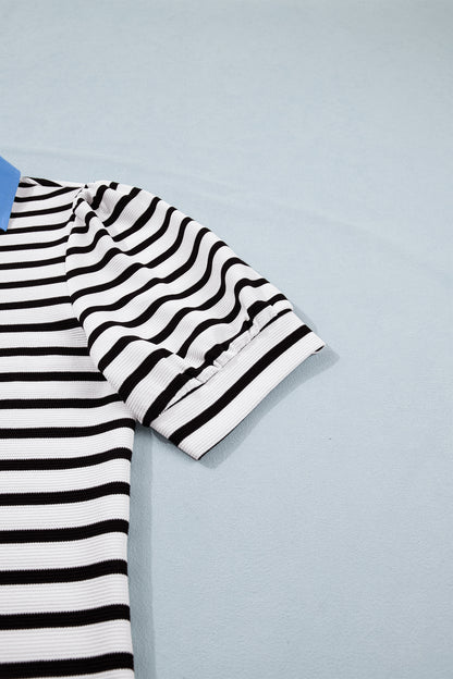 Striped Contrast Collar Puff Sleeve Blouse – Feminine Everyday Boutique Top