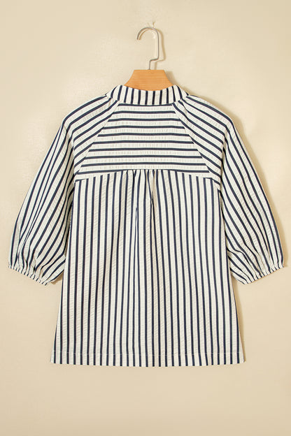 White Navy Striped Floral Embroidered Blouse – Puff Sleeve Everyday Boutique Top