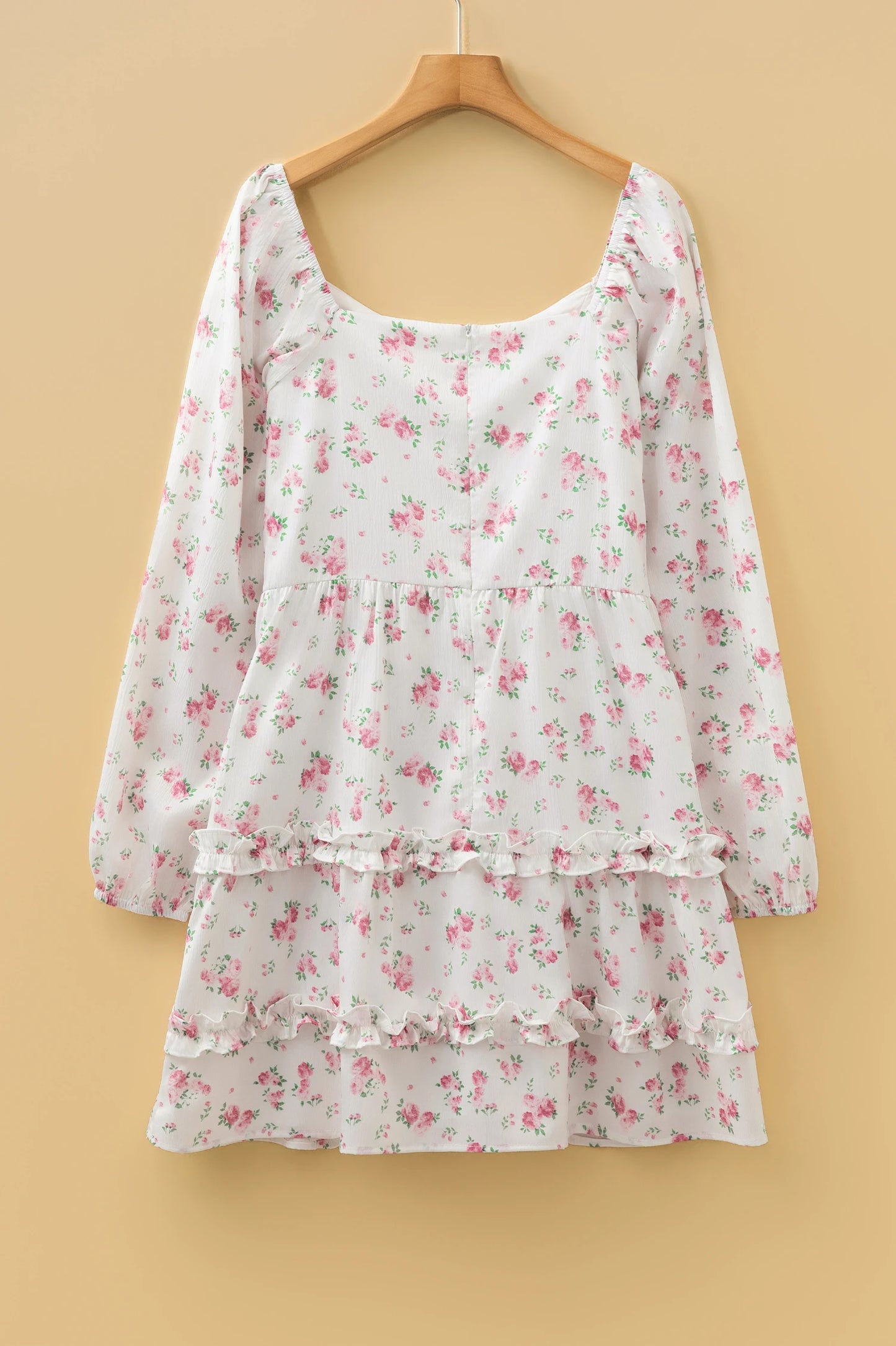 Soft White Floral Long Sleeve Mini Dress with Ruffle Tiers