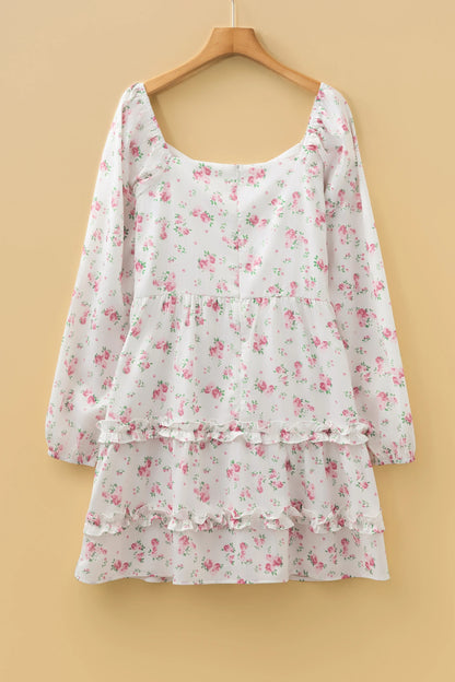 Soft White Floral Long Sleeve Mini Dress with Ruffle Tiers