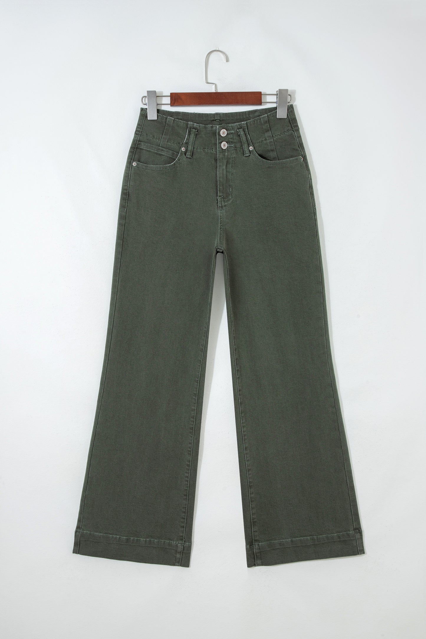 Olive green high rise wide leg jeans with double-button waistband, front pockets and cropped hem.