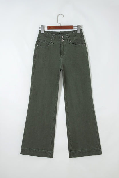 Olive green high rise wide leg jeans with double-button waistband, front pockets and cropped hem.