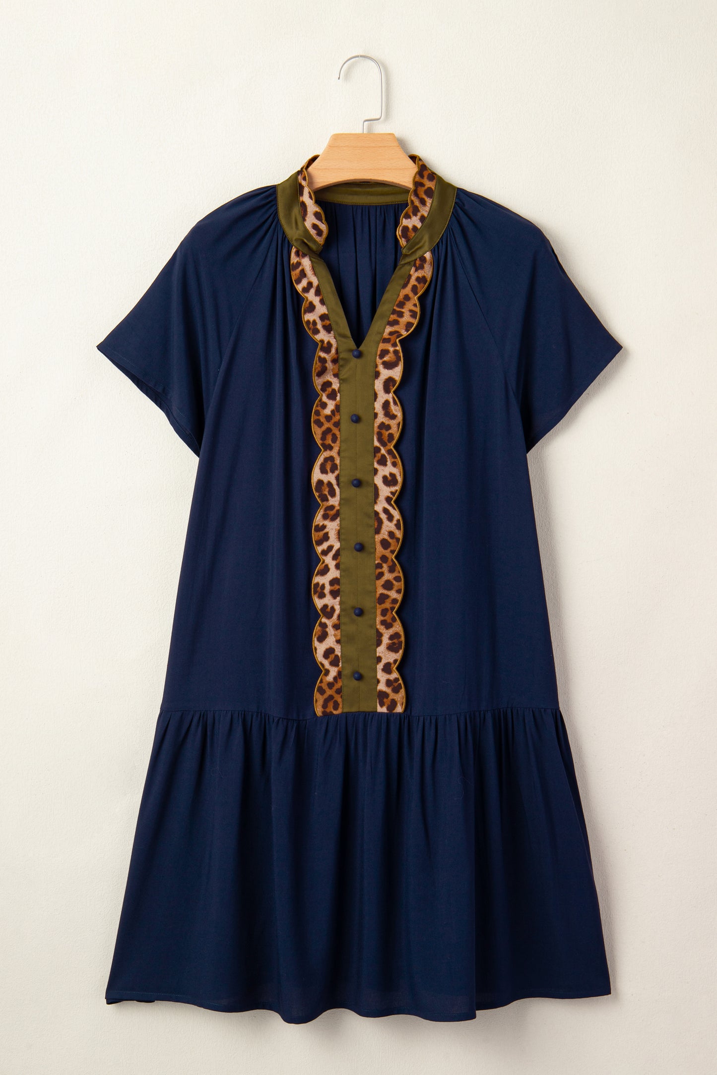 Navy Blue Leopard Trim Ruffle Hem Mini Dress – Casual Boutique Shift Dress