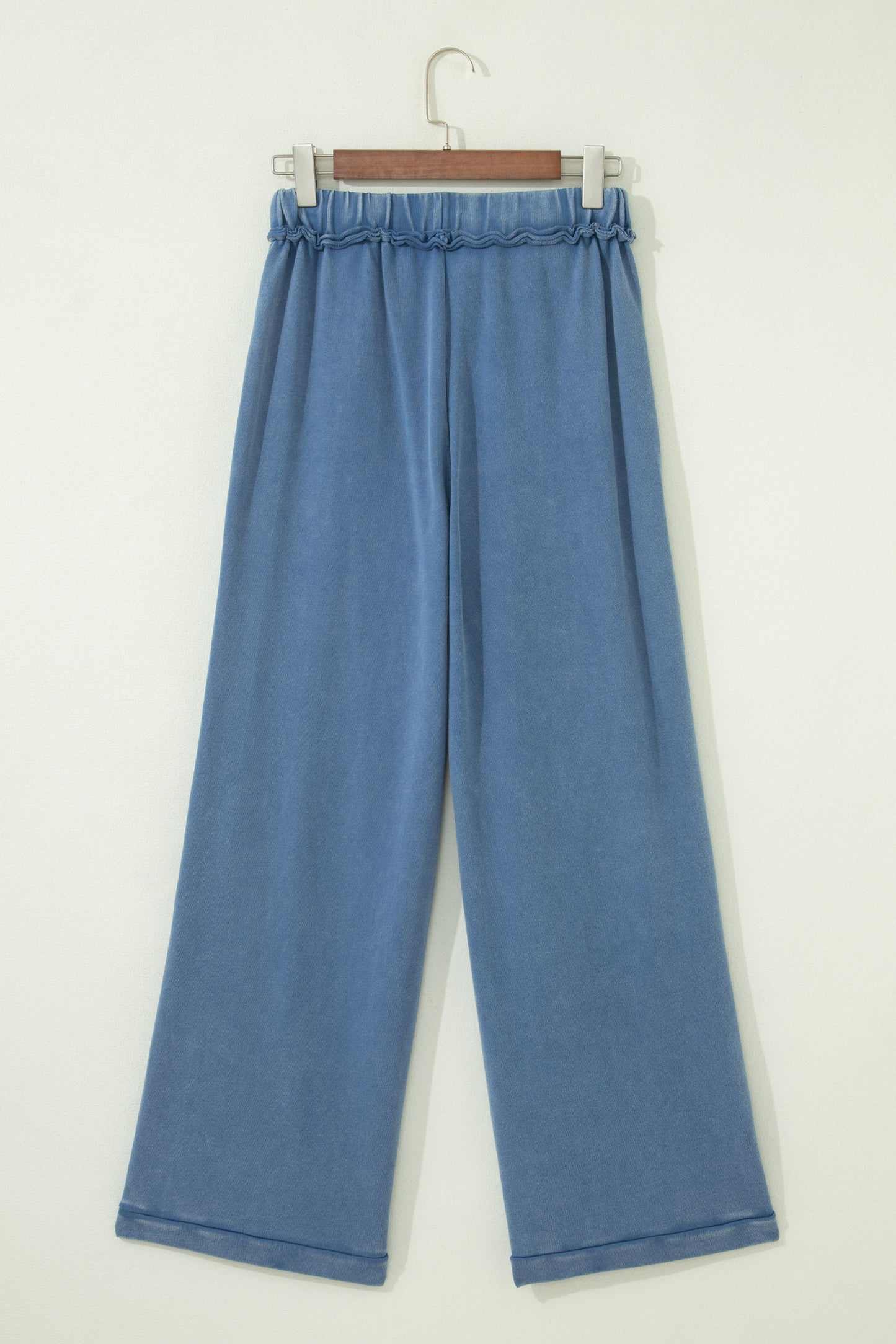 Dusty Blue washed cotton wide leg pants with drawstring waist, oversized patch pockets, and relaxed fit.