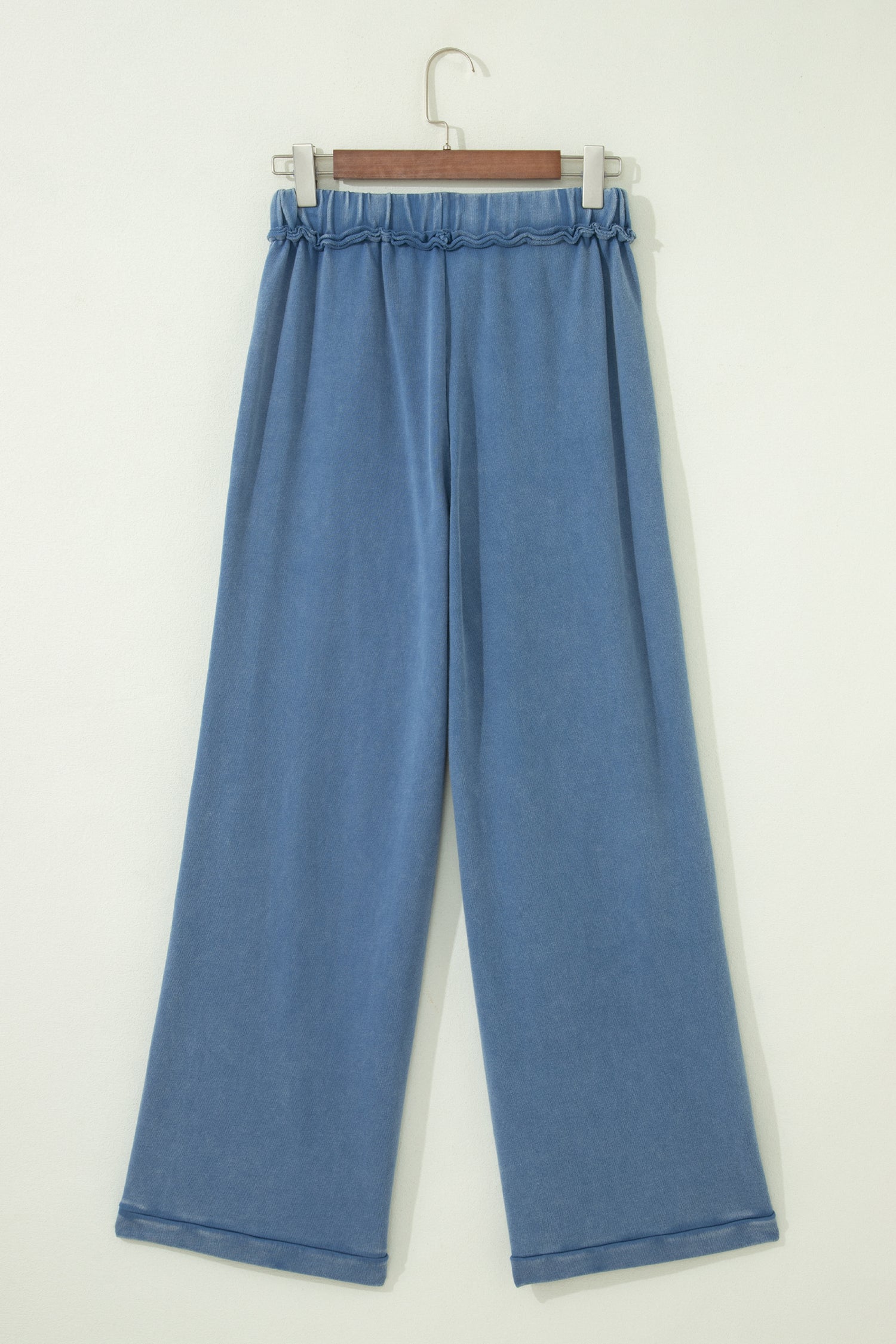 Dusty Blue washed cotton wide leg pants with drawstring waist, oversized patch pockets, and relaxed fit.