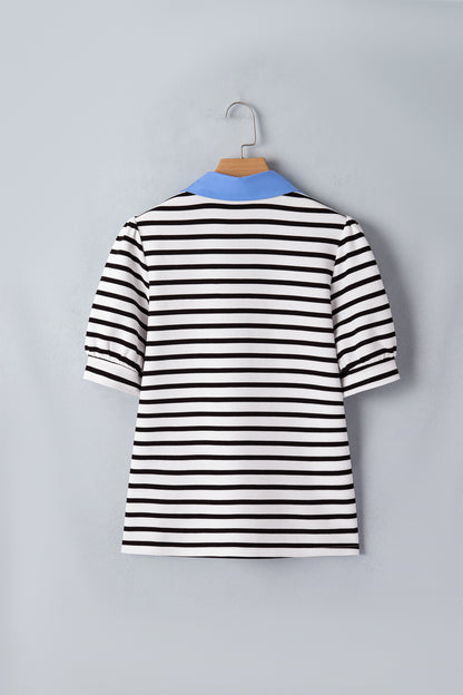 Striped Contrast Collar Puff Sleeve Blouse – Feminine Everyday Boutique Top
