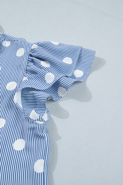 Blue White Striped Polka Dot Ruffle Blouse – Flutter Sleeve Button Front Top