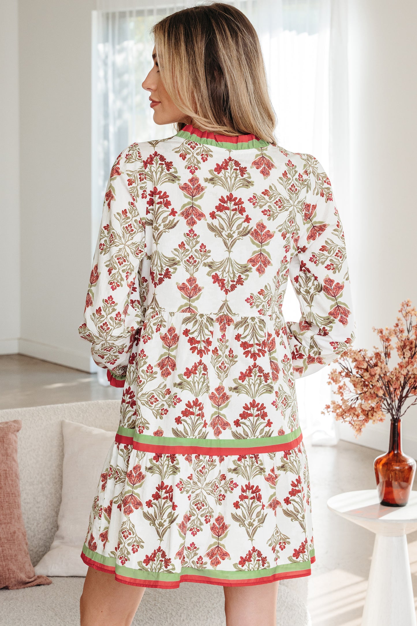 Boho Floral Ruffle Trim Long Sleeve Babydoll Mini Dress with Tiered Hem