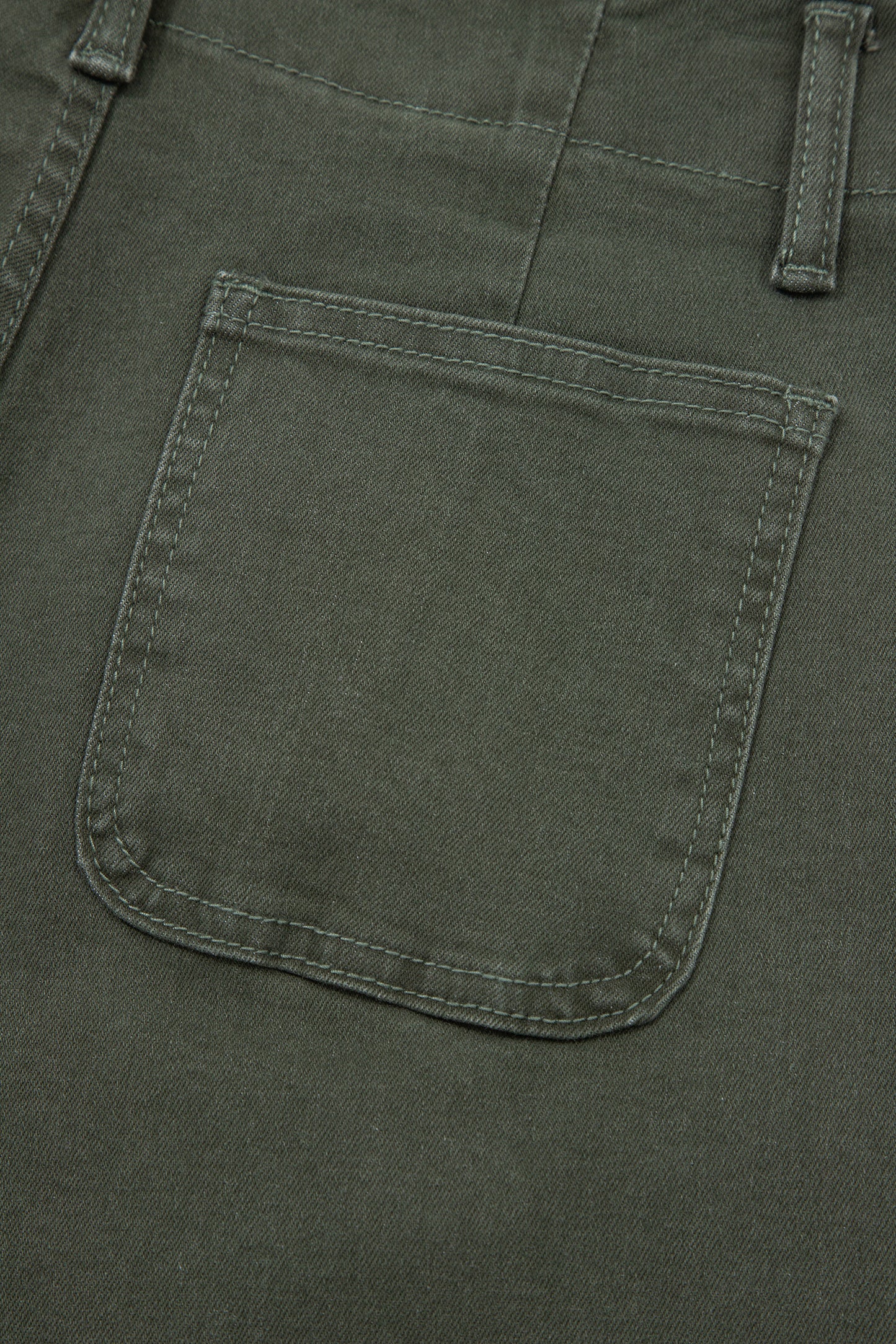 Olive green high rise wide leg jeans with double-button waistband, front pockets and cropped hem.