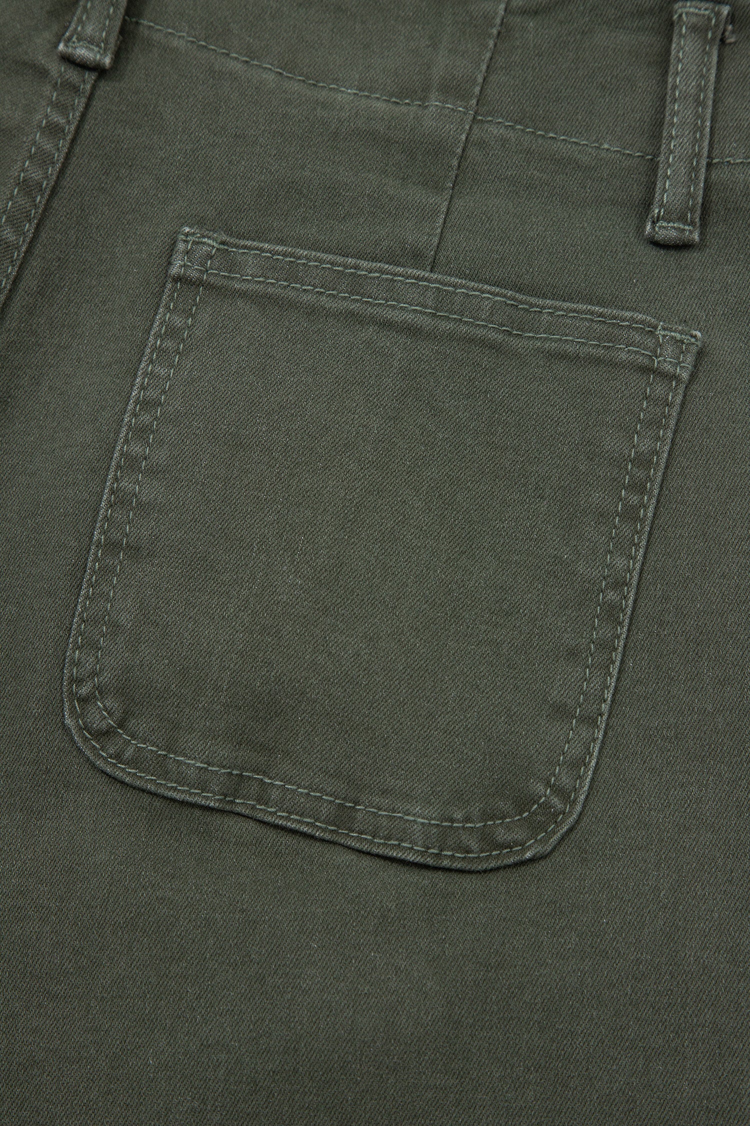 Olive green high rise wide leg jeans with double-button waistband, front pockets and cropped hem.