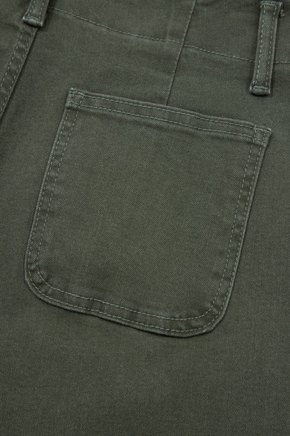 Olive green high rise wide leg jeans with double-button waistband, front pockets and cropped hem.
