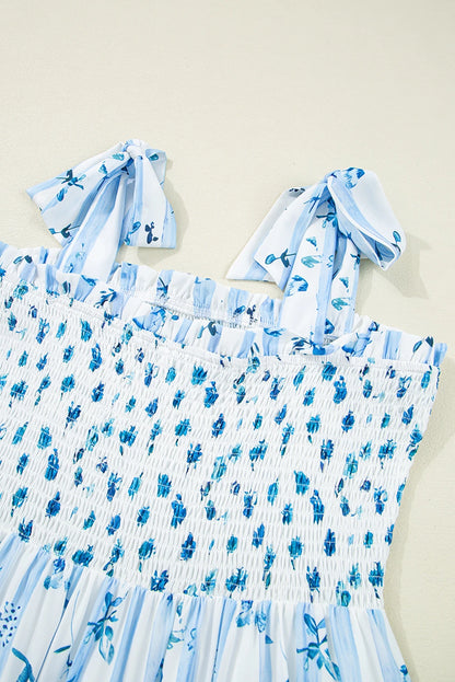 Sky Blue Floral Smocked Tied Strap Tiered Maxi Dress