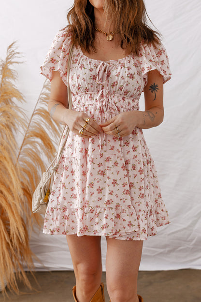 Pink Floral Tie Front Smocked Babydoll Tiered Mini Dress