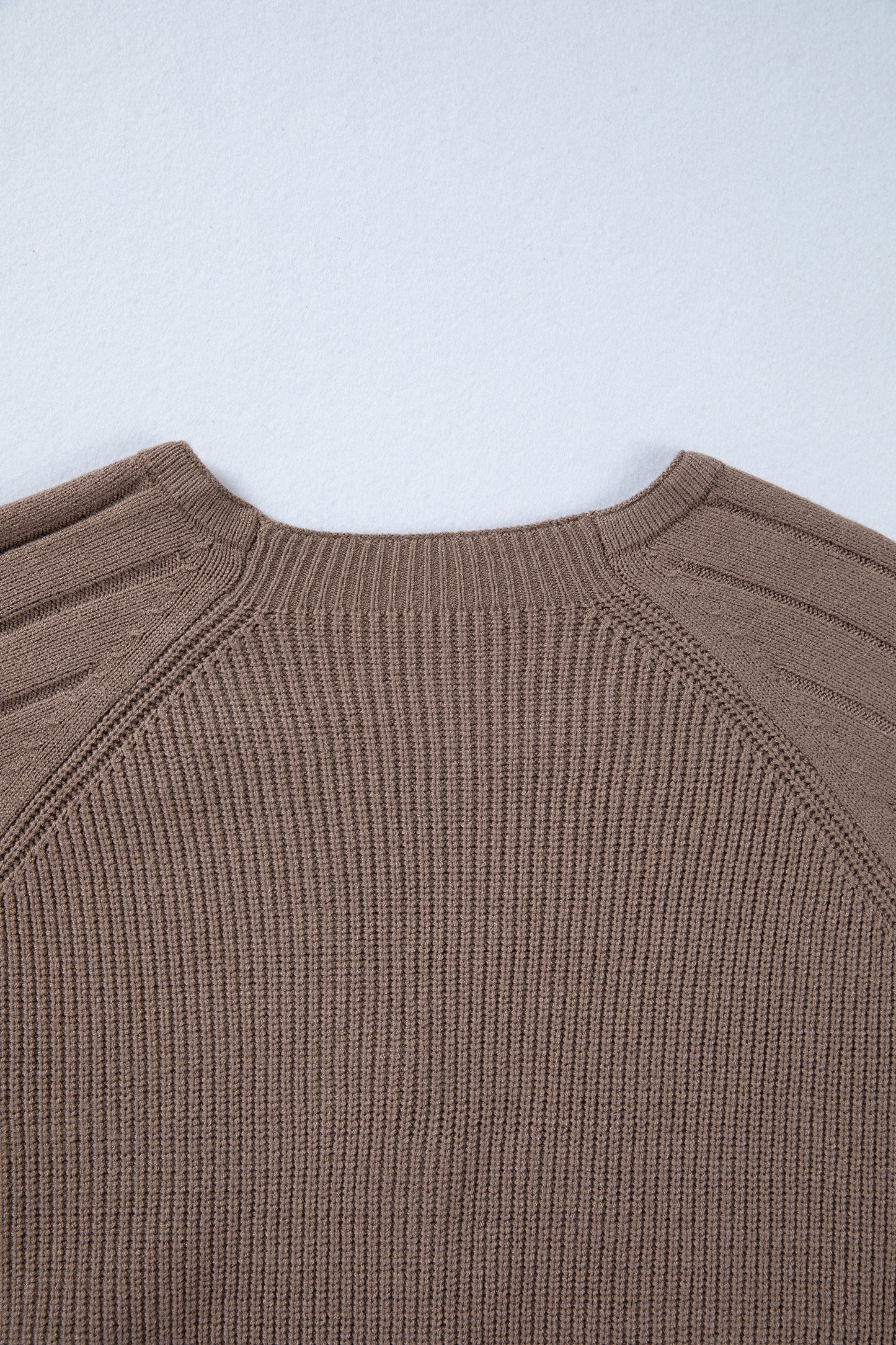 Women's taupe textured bishop sleeve cardigan with a V-neck, button-front closure, mixed knit texture, and relaxed fit.