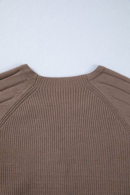 Women's taupe textured bishop sleeve cardigan with a V-neck, button-front closure, mixed knit texture, and relaxed fit.