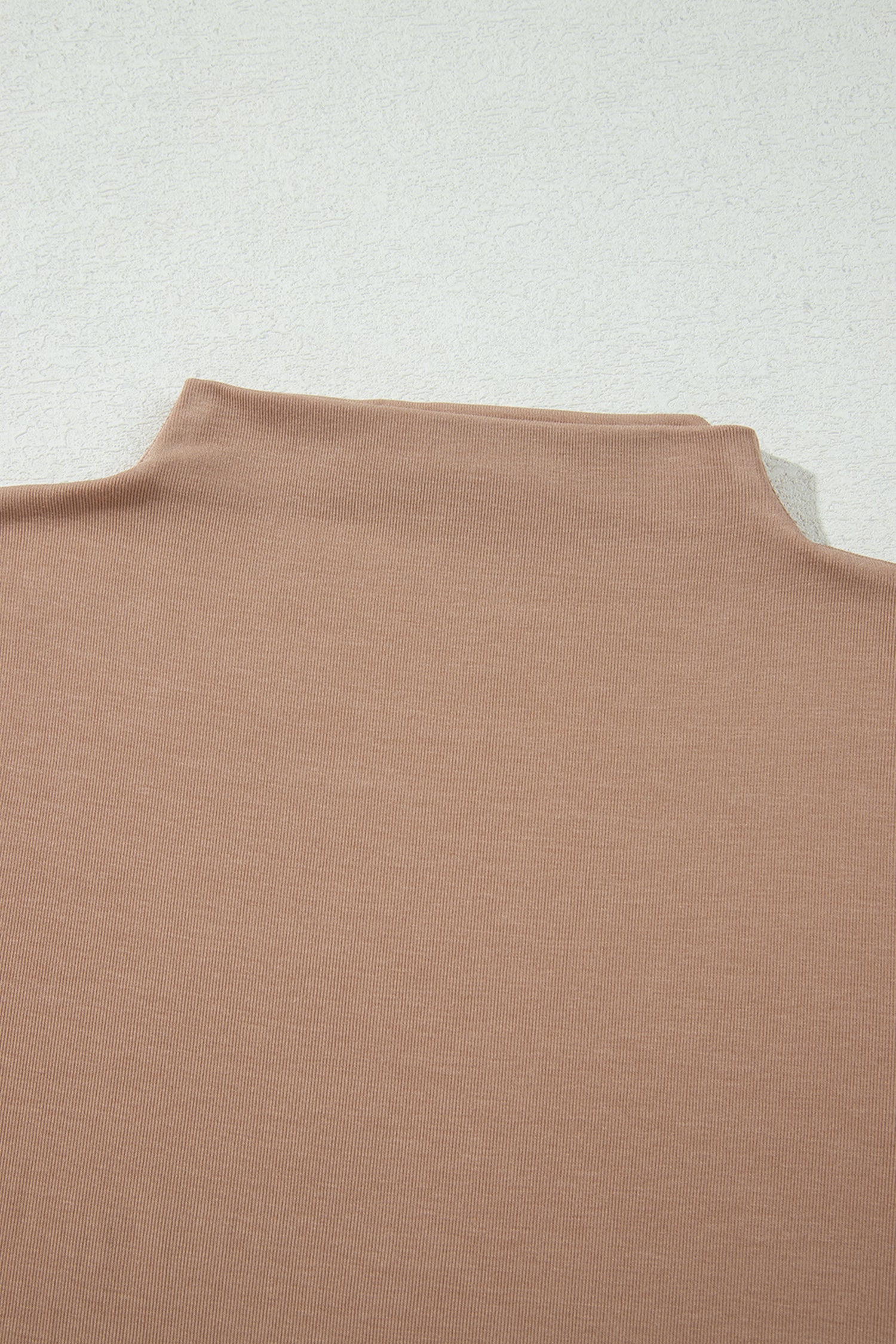 Warm taupe fitted high neck long sleeve top with a smooth stretch-knit finish and regular-length hem.