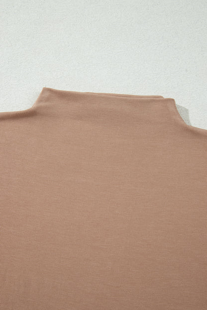 Warm taupe fitted high neck long sleeve top with a smooth stretch-knit finish and regular-length hem.