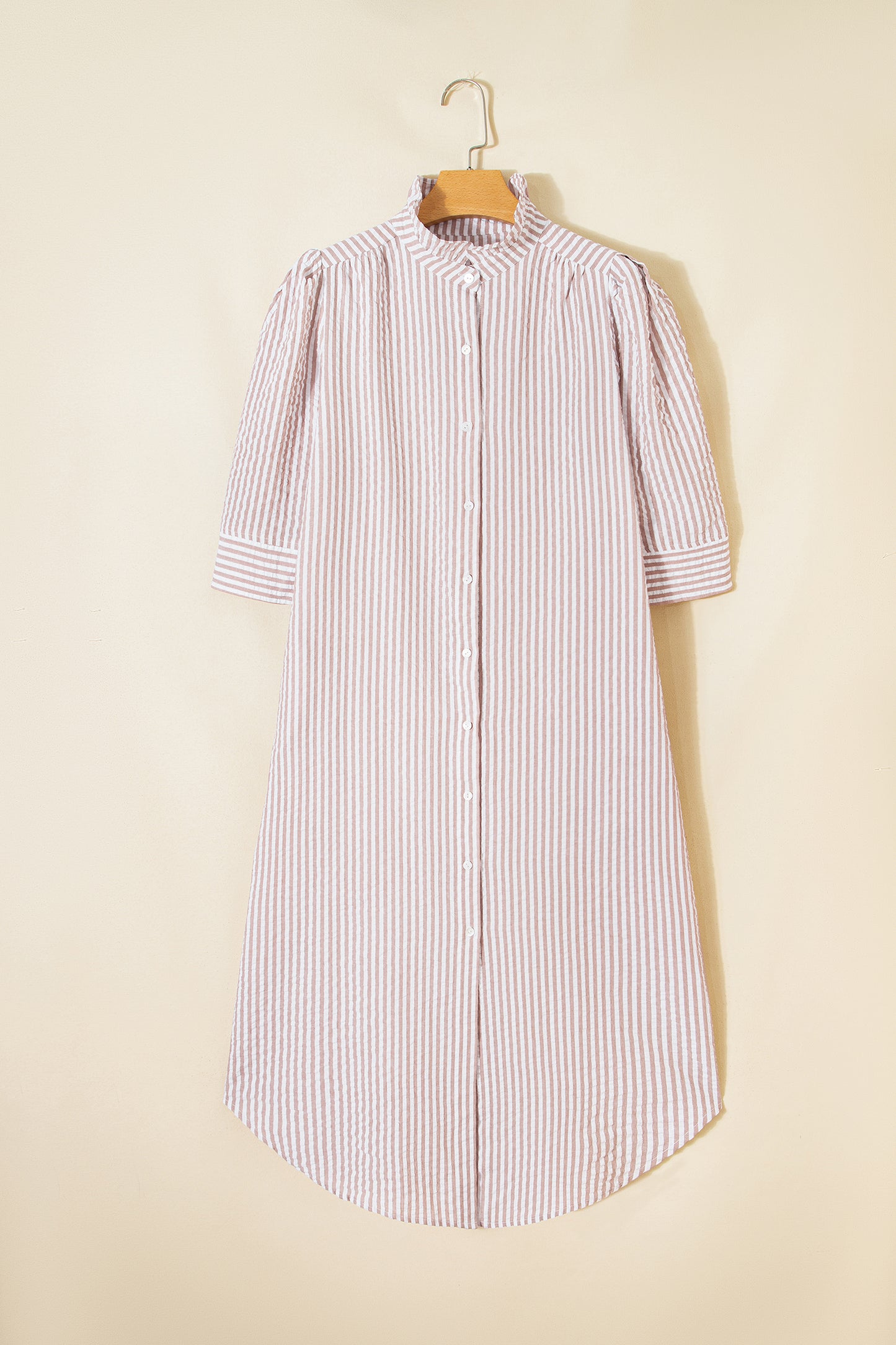 Khaki Striped Button Down Shirt Maxi Dress with Pockets