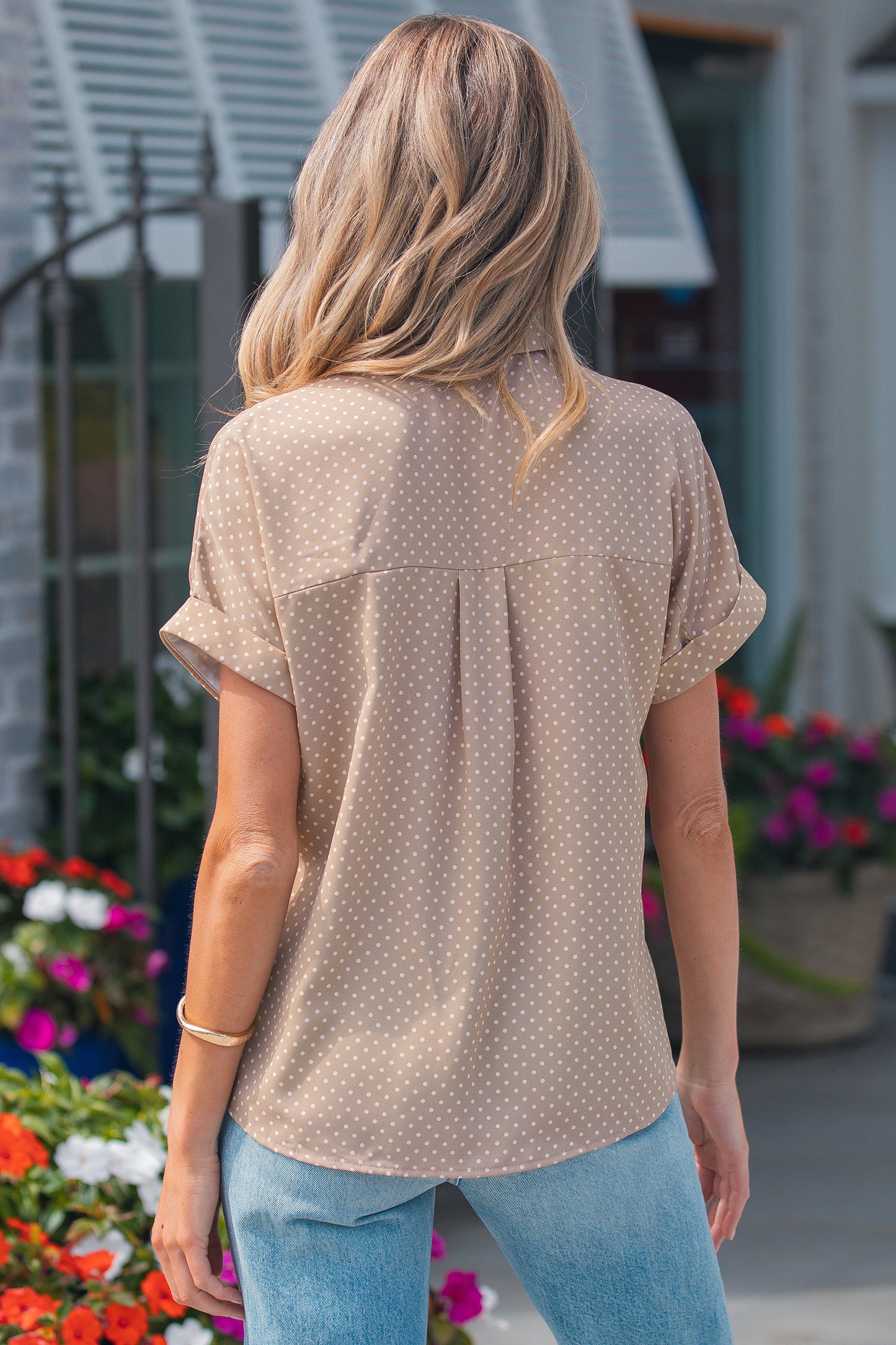 Polka Dot Button Front Blouse – Short Sleeve Collared Top