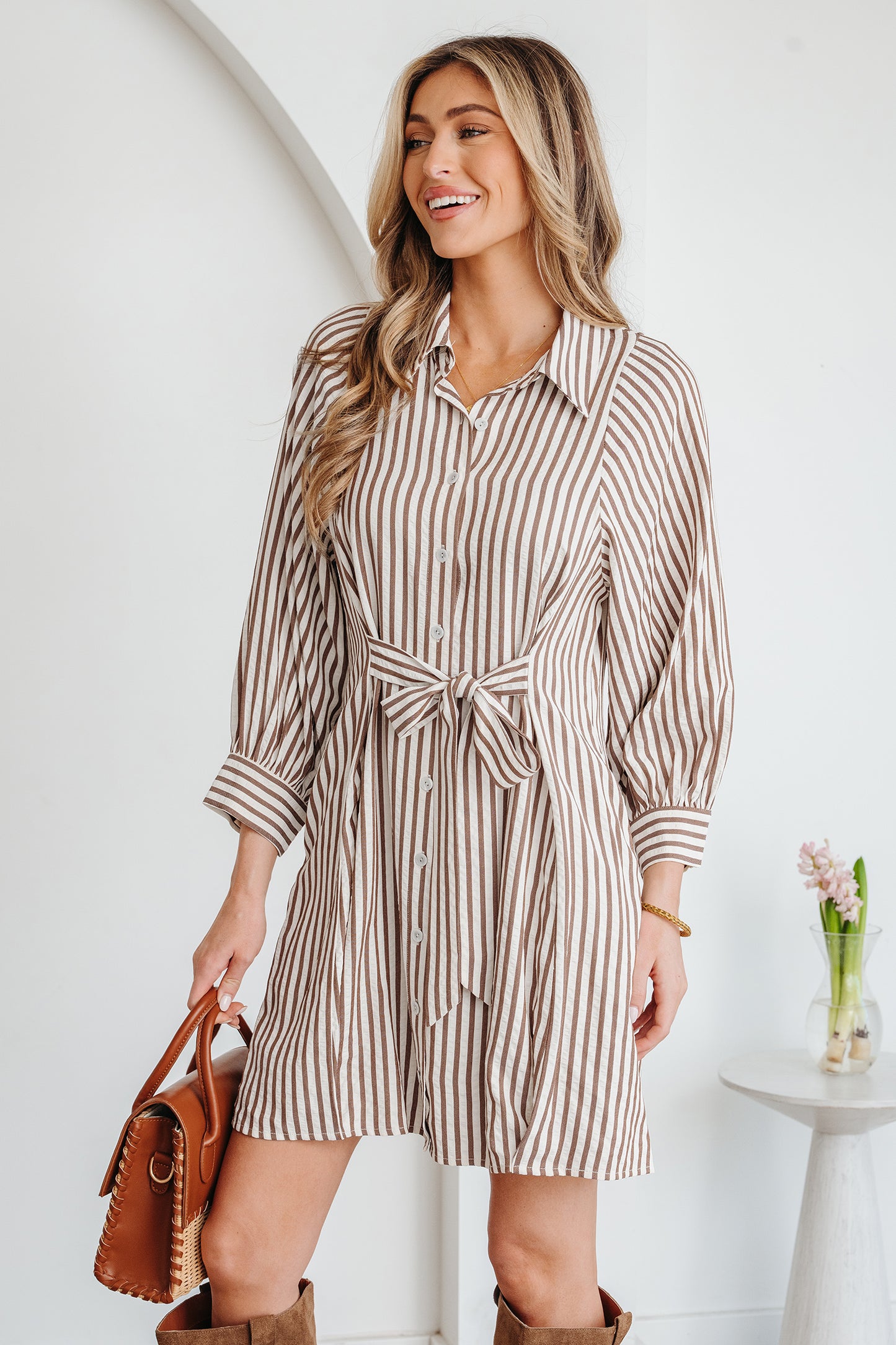Neutral Taupe Striped Button Front Shirt Dress with Waist Tie