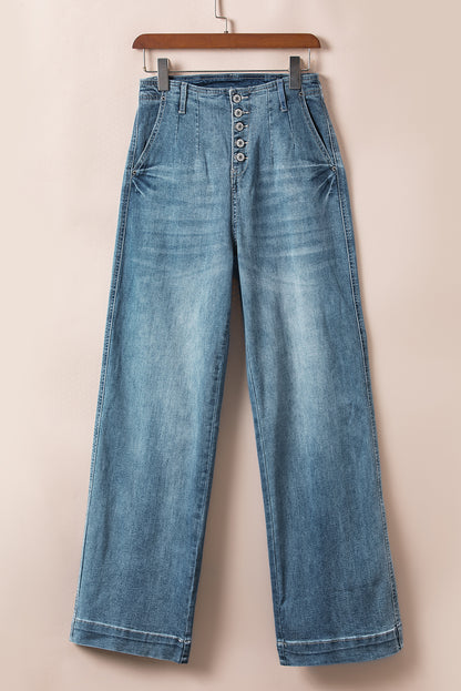 Dusk Blue Multi‑Button Medium Wash Straight Loose‑Leg Jeans