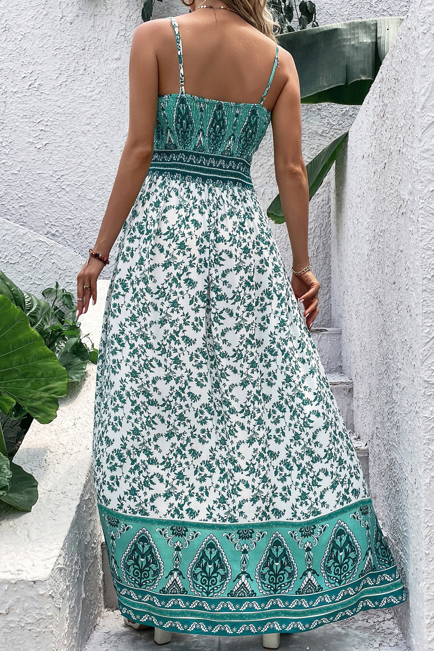 Green Boho Floral Smocked Cami Maxi Dress