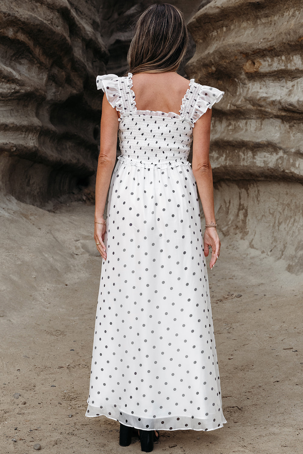 White Polka Dot Smocked Ruffle Strap Maxi Dress