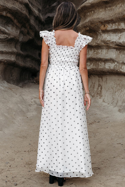 White Polka Dot Smocked Ruffle Strap Maxi Dress