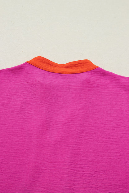 Fuchsia Pink Contrast Trim Split Neck Blouse – Relaxed Everyday Boutique Top
