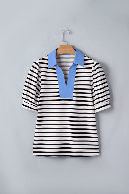 Striped Contrast Collar Puff Sleeve Blouse – Feminine Everyday Boutique Top