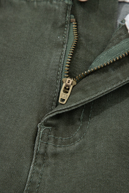 Olive green high rise wide leg jeans with double-button waistband, front pockets and cropped hem.