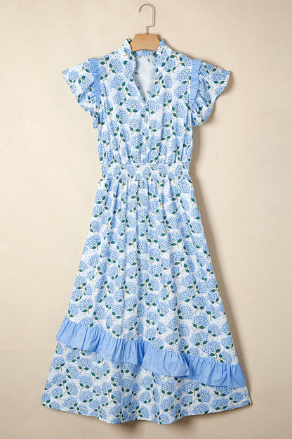 Sky Blue Floral Ruffle Sleeve Smocked Waist Midi Dress