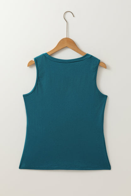 Blue Sapphire Stitch Detail Round Neck Tank Top