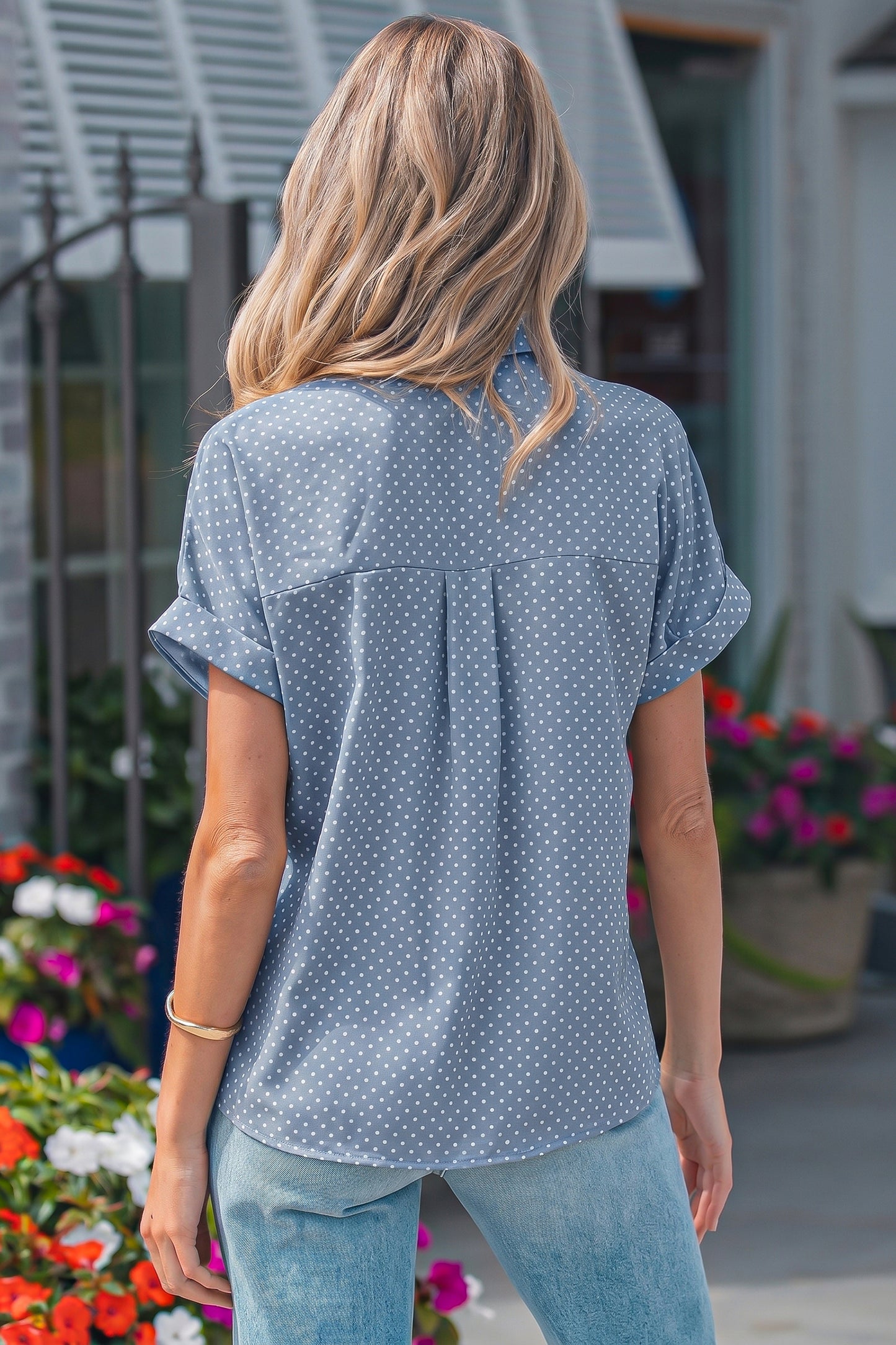 Polka Dot Button Front Blouse – Short Sleeve Collared Top
