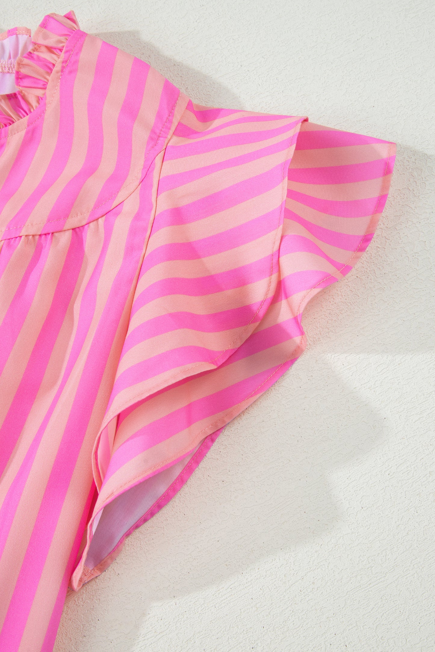 Bright Pink Striped Ruffle Sleeve Blouse – Casual Summer Top
