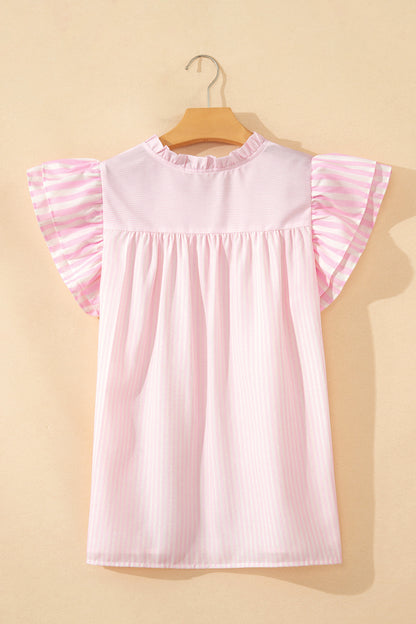 Pink Striped Ruffle Sleeve Blouse – Feminine Everyday Flutter Sleeve Top