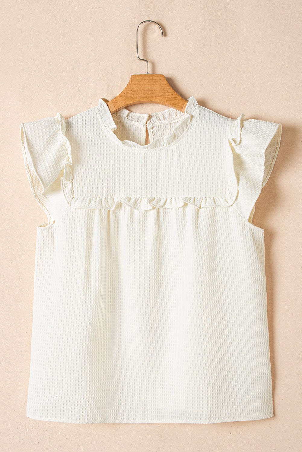 White Waffle Knit Ruffle Sleeve Blouse – Feminine Mock Neck Everyday Top